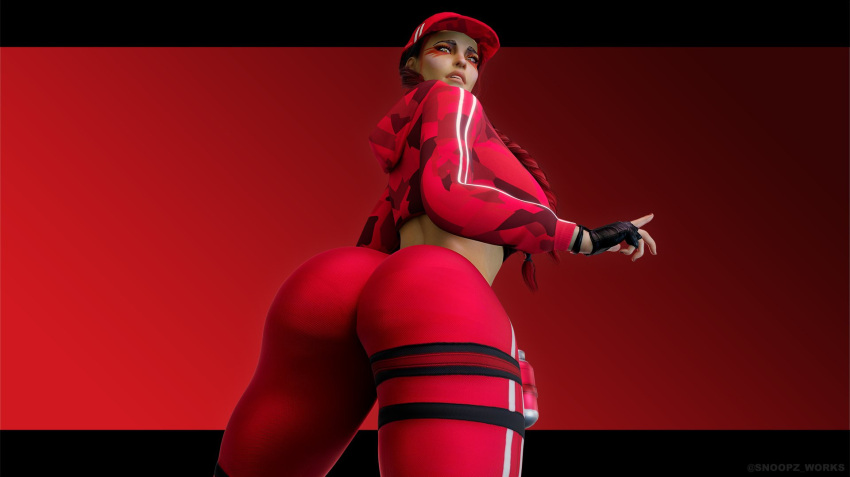 1girls 3d 3d_(artwork) apex_legends ass_view back_turned back_view baseball_cap big_ass big_breasts big_hips big_thighs braided_hair braided_pigtails braided_twintails busty cap clothes crossover crossover_cosplay dat_ass face_markings female_only fingerless_gloves fortnite gloves hoodie human human_only loba_(apex_legends) long_hair looking_at_viewer looking_down low-angle_view low_angle pants rear_view red_hair simple_background snoopz solo solo_female standing three-quarter_portrait twintails