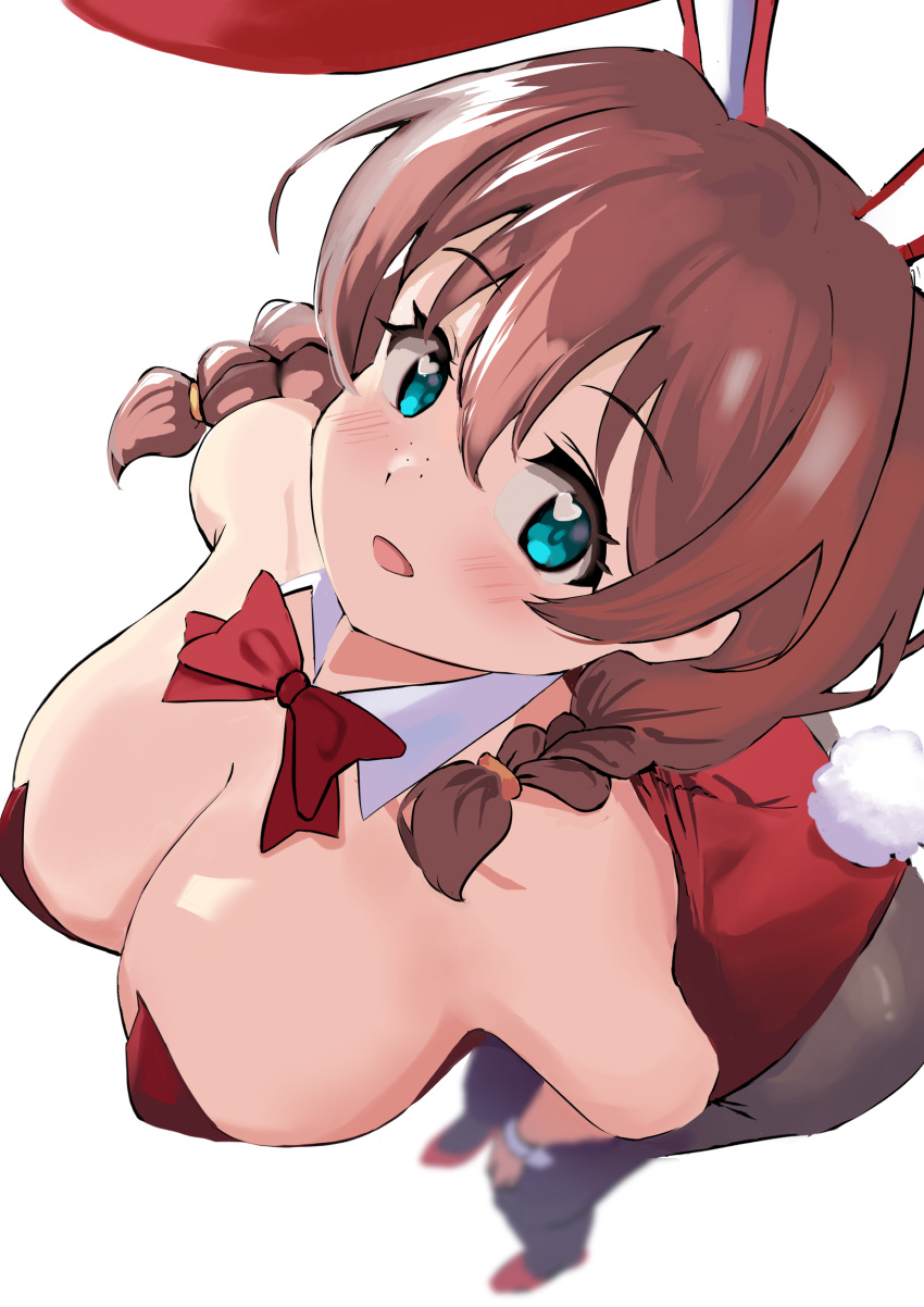 blush bowtie braid bunny_ears bunny_girl bunny_tail bunnysuit detached_collar detached_cuffs emma_verde evildaddy12 fake_animal_ears fake_tail female freckles hearts_in_eyes leaning_forward leotard looking_at_viewer looking_up love_live! love_live!_nijigasaki_high_school_idol_club open_mouth pantyhose rabbit_ears rabbit_tail smile twin_braids