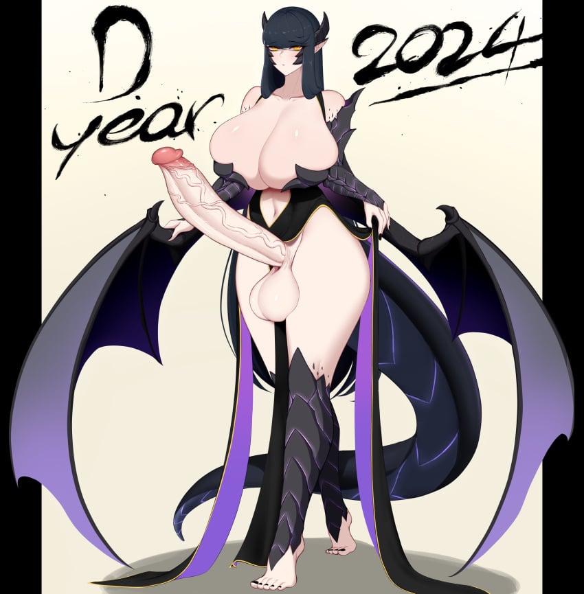 1futa balls bangs barefoot big_balls big_penis black_hair breasts busty child_bearing_hips clothed dark_hair draconic draconic_humanoid dragon_girl dragon_horns dragon_tail erection feet full_body futa_only futanari gorn hips horns horny huge_breasts huge_cock human large_breasts large_penis light-skinned_futanari light_skin long_hair long_penis massive_breasts massive_penis oc original original_character penis penis_out sep_(artist) solo standing tail veiny_penis wide_hips wings year_of_the_dragon