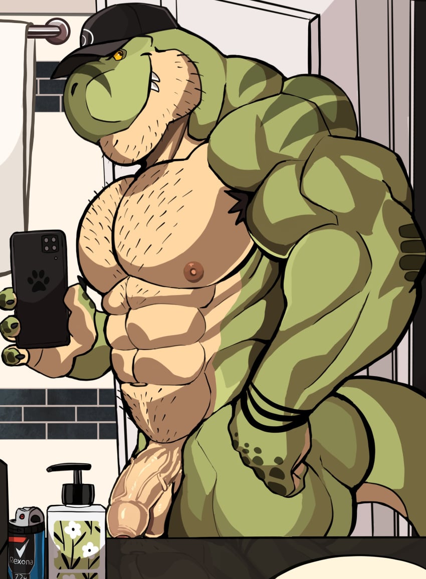 absurd_res anthro armpit_hair balls bathroom big_muscles big_pecs body_hair chest_hair darknaigart dinosaur electronics flaccid foreskin genitals hi_res holding_object holding_phone jace_(darknaig) male male_only muscular muscular_male nude nude_male pecs penis phone pubes reptile scalie selfie solo theropod tyrannosaurid tyrannosaurus tyrannosaurus_rex vein veiny_penis