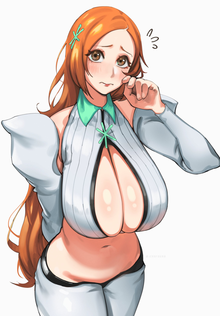 1girls belly_button big_breasts bleach cleavage female_only inoue_orihime jerrydurd massive_breasts midriff worried_expression