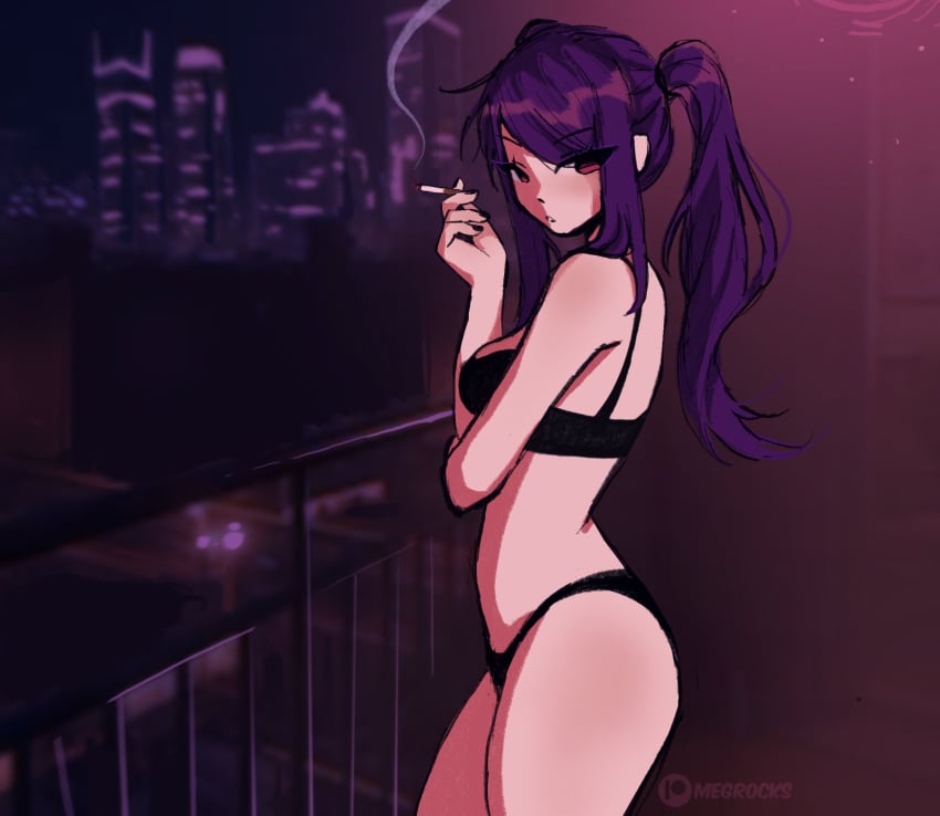 balcony casual casual_underwear cigarette city cityscape clothing female human julianne_stingray megrocks outdoors pale_skin purple_hair smoking underwear underwear_only va-11_hall-a