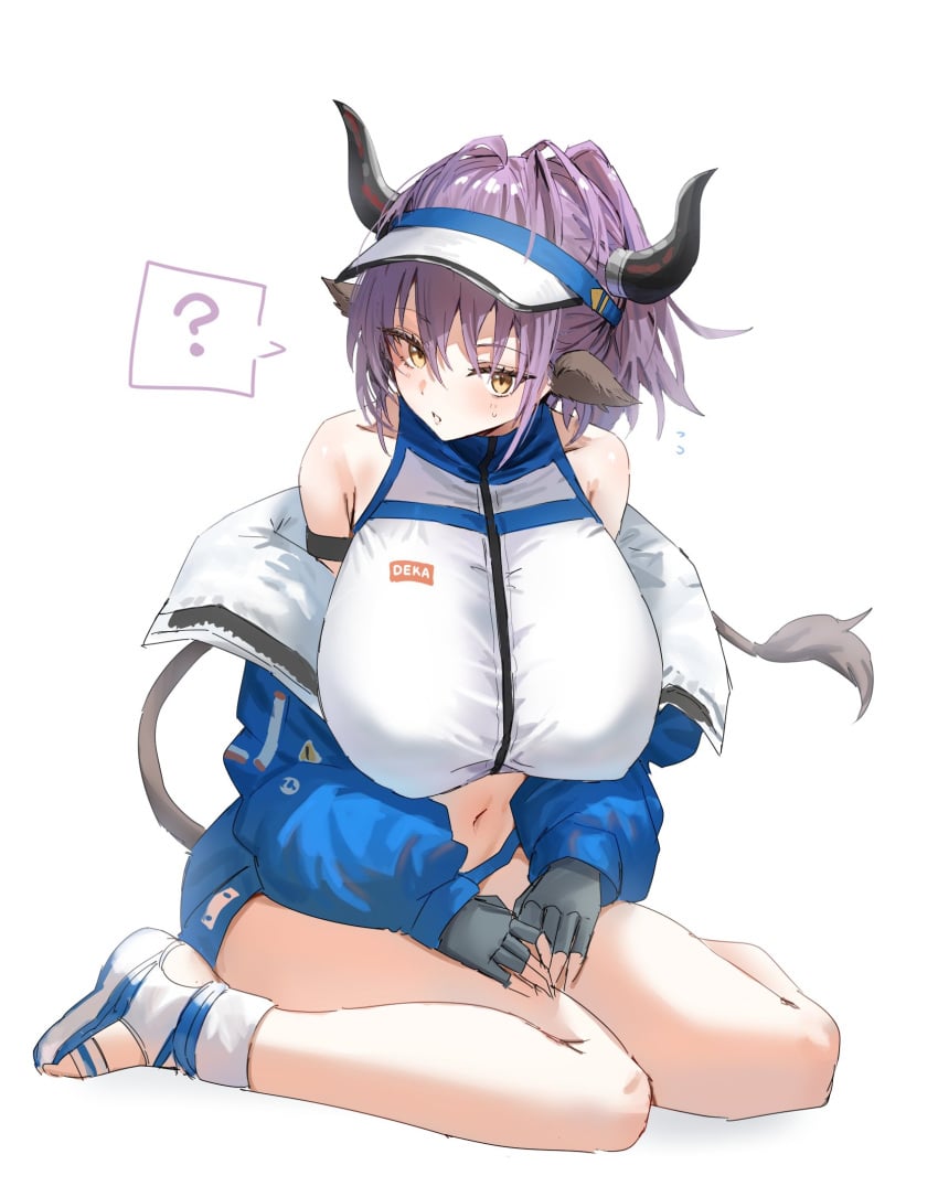 1girls arknights cow_ears cow_girl cow_horns cow_tail female female_focus female_only horn/wood horns huge_breasts light-skinned_female light_skin looking_at_viewer massive_breasts purple_hair question question_mark short_hair sideroca_(arknights) sideroca_(light_breeze)_(arknights) swimsuit swimsuits swimwear tagme yellow_eyes