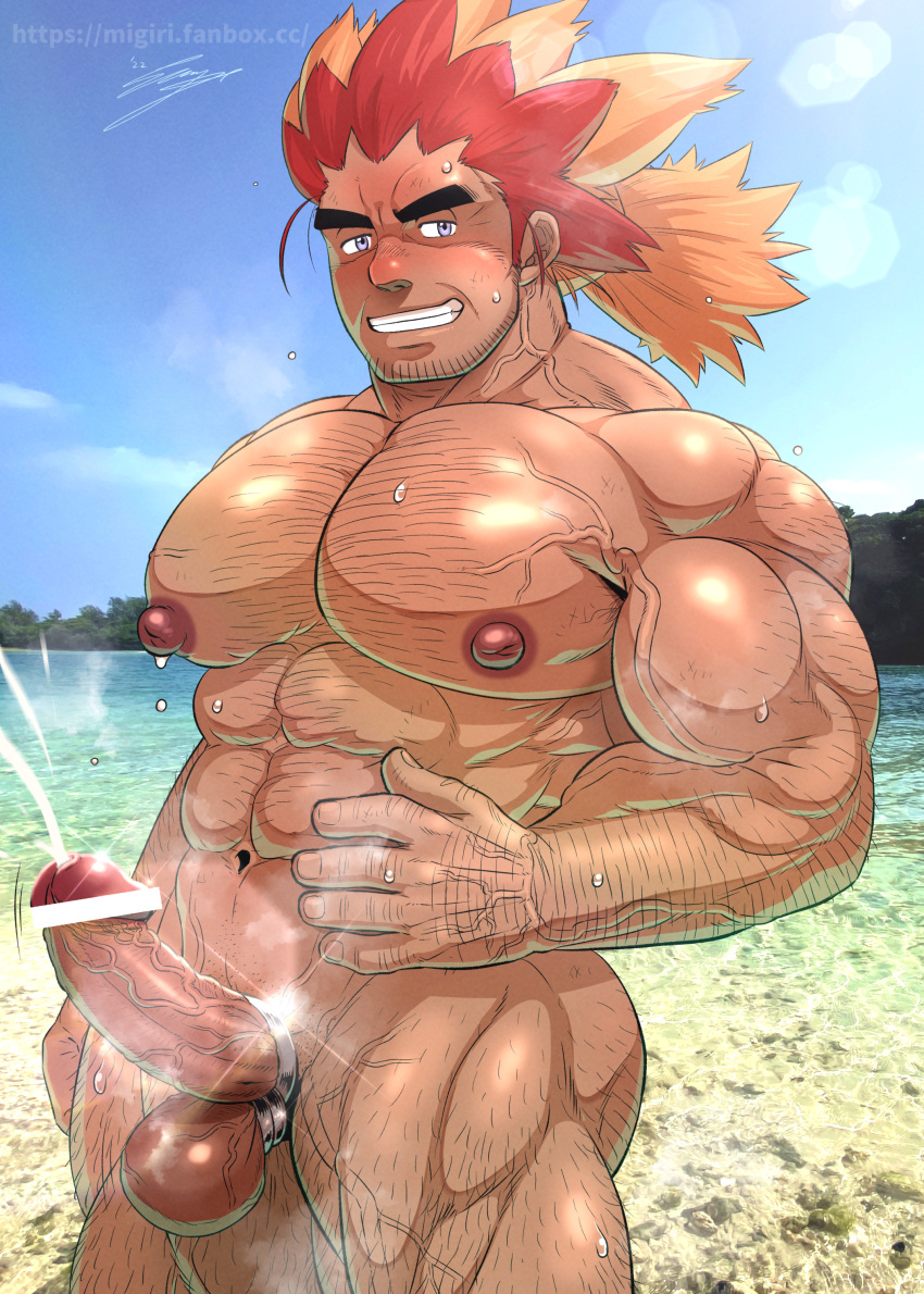 alder balls bara body_hair boner cock_ring cum erection male male_only muscles muscular nintendo nude orgasm penis pokemon sengamigiri solo solo_male sweat sweating