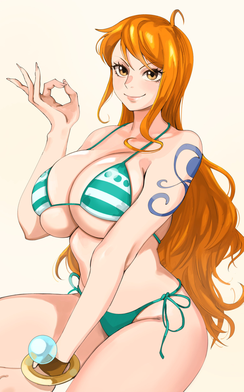 big_breasts bikini cleavage curvy female female_only hourglass_figure jerrydurd nami one_piece orange_hair post-timeskip smile striped_bikini underboob