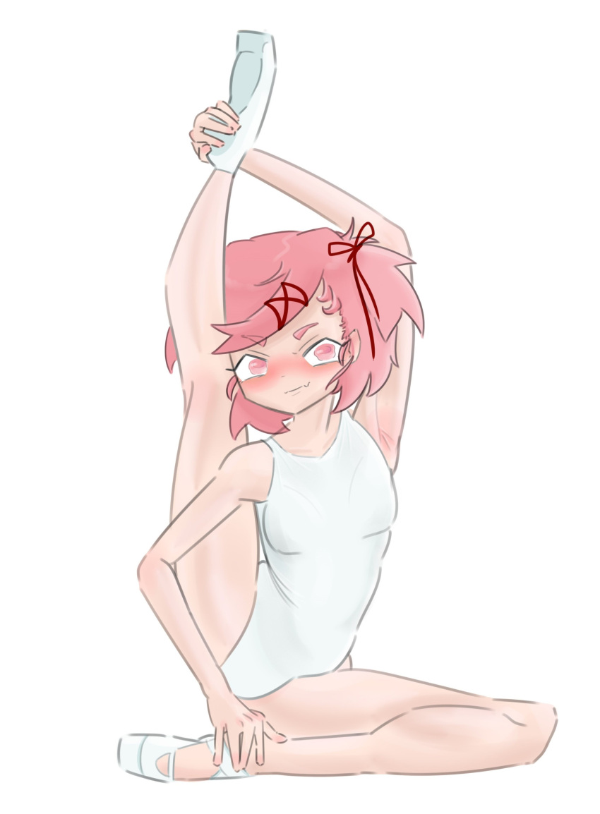 1female 1girls 5_fingers armpit ballerina ballet ballet_shoes ballet_slippers blush blushing breasts doki_doki_literature_club emiillb female footwear girl natsuki_(doki_doki_literature_club) pink_eyes pink_hair shoes stretch stretching