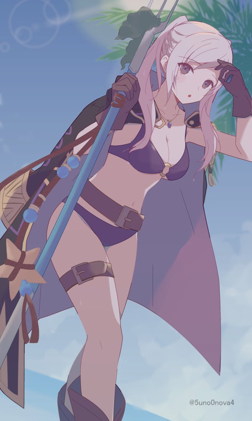 343rone :o absurdres alternate_costume belt bikini breasts brown_belt brown_gloves cleavage female female_only fire_emblem fire_emblem_awakening fire_emblem_heroes gloves highres holding holding_polearm holding_weapon jacket jacket_on_shoulders long_hair looking_at_viewer navel nintendo official_alternate_costume open_mouth polearm purple_bikini purple_swimsuit robin_(female)_(summer)_(fire_emblem) robin_(fire_emblem) robin_(fire_emblem)_(female) solo swimsuit thigh_strap twintails twitter_username weapon white_hair