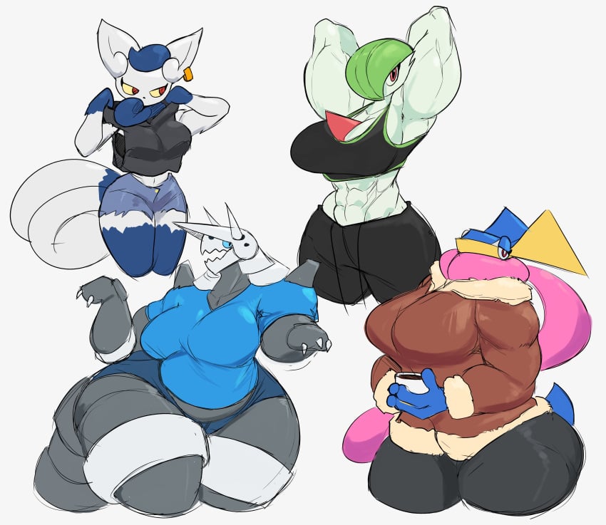 aggron amphibian anthro anthro_only big_breasts breasts dreamerknights furry gardevoir greninja humanoid meowstic pokémon_(species) pokemon pokemon_(species) scalie thick_thighs wide_hips