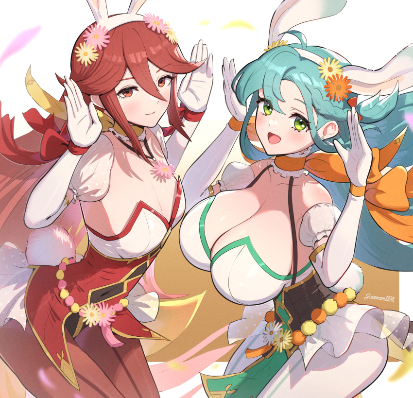 2girls :d absurdres ahoge alternate_costume animal_ears aqua_hair bare_shoulders blush braid breasts bunny_ears bunny_girl bunnysuit chloe_(fire_emblem) chloe_(spring)_(fire_emblem) choker cleavage collarbone commentary_request cordelia_(fire_emblem) cordelia_(spring)_(fire_emblem) cowboy_shot detached_sleeves elbow_gloves fake_animal_ears fake_tail female female_only fire_emblem fire_emblem_awakening fire_emblem_engage fire_emblem_heroes flower foot_out_of_frame gloves gonzarez green_eyes green_footwear hair_flower hair_ornament hands_up high_heels highres jewelry large_breasts leotard long_hair looking_at_viewer medium_breasts multiple_girls necklace nintendo official_alternate_costume open_mouth orange_choker pantyhose playboy_bunny puffy_short_sleeves puffy_sleeves rabbit_ears rabbit_tail red_eyes red_hair red_leotard red_pantyhose scarf short_sleeves simple_background smile strapless strapless_leotard suspenders tail thighs very_long_hair white_background white_gloves white_pantyhose wrist_cuffs yellow_scarf