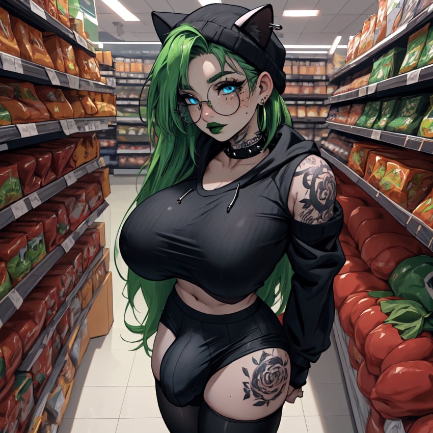 ai_generated big_breasts blue_eyes breasts choker collar futanari green_hair grocery_store lipstick midriff panty_bulge tagme tattoo tattoo_on_legs tattooed_arm tattoos