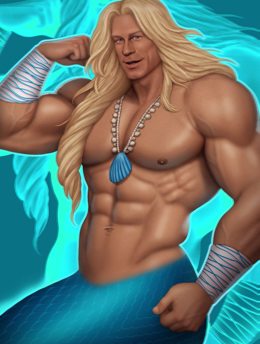 1boy abs actor athlete bara barbie_(2023) barbie_(franchise) biceps blonde_hair caucasian caucasian_male celebrity drawnpr0n flexing flexing_bicep in_character john_cena kenmaid long_hair male male_only merman muscles muscular muscular_male pecs shirtless_male solo solo_male