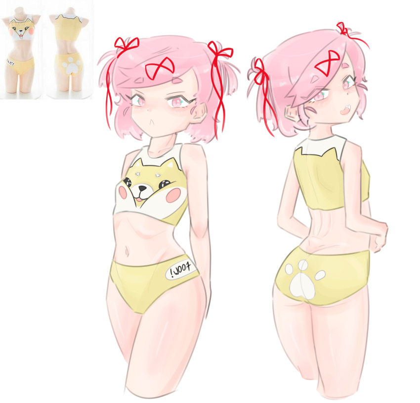 1female 1girls :< :3d ass back back_view bare_shoulders butt doki_doki_literature_club emiillb female front_and_back front_view girl natsuki_(doki_doki_literature_club) navel pawprint_print pink_eyes pink_hair print print_bikini_bottom swimsuit swimsuit_bottom swimsuit_top swimwear