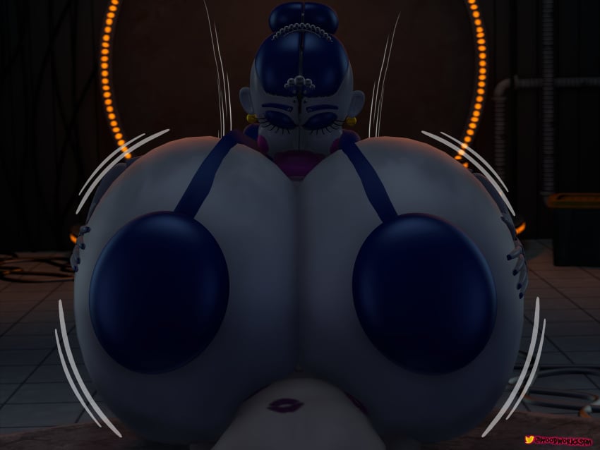 3d 3d_(artwork) ballora ballora_(fnafsl) barely_clothed blowjob breasts_bigger_than_head casual casual_nudity clothed covered_nipples female five_nights_at_freddy's five_nights_at_freddy's:_sister_location huge_breasts huge_cock hyper_breasts hyper_penis inner_sideboob no_bra oakensfm oral paizuri penis public public_nudity robot robot_girl sideboob straight teasing useless_clothing woodworksfm