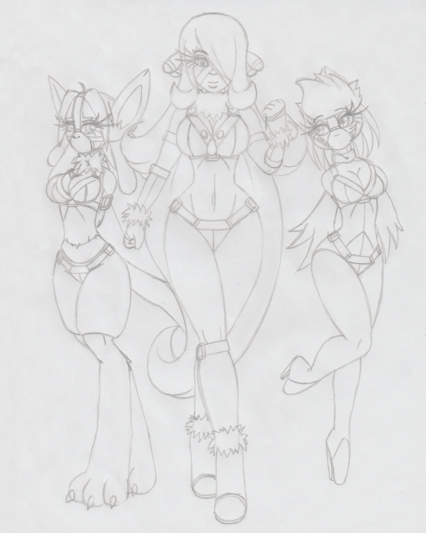 3girls anthro anthro_only ballet_boots bondage collar collar_and_leash cynthia_(pokemon) female high_heels leash lucario multiple_girls panel_gag pokemon pokemon_(species) raver1357 roserade traditional_media traditional_media_(artwork)