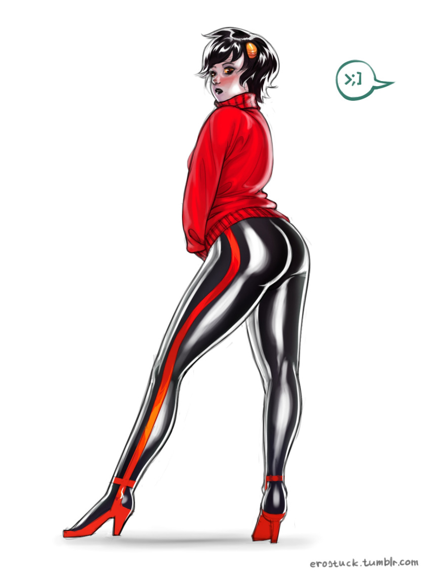 >;] 2010s 2018 2girls alien alien_girl alternate_version_available ass ass_focus back_view baggy_clothing baggy_sweater black_hair black_lips blush digital_media_(artwork) emoticon erostuck genderswap_(mtf) heels high_heels homestuck homestuck_troll horns kankri_vantas latula_pyrope looking_at_viewer ms_paint_adventures multicolored_horns offscreen_character pants red_eyes red_sweater rule_63 shiny_pants short_hair skin_tight_pants sweater text_bubble tight_clothing tight_pants yellow_sclera