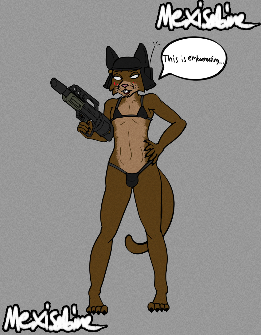 absurd_res anthro armor bikini blush braces buckteeth bulge claws clothing domestic_cat felid feline felis flat_chested flustered girly gun hands_on_hips headgear helmet hi_res male mammal mexisabine midriff panty_bulge private_oswald_(mexisabine) ranged_weapon shotgun solo swimwear tail teeth weapon whiskers