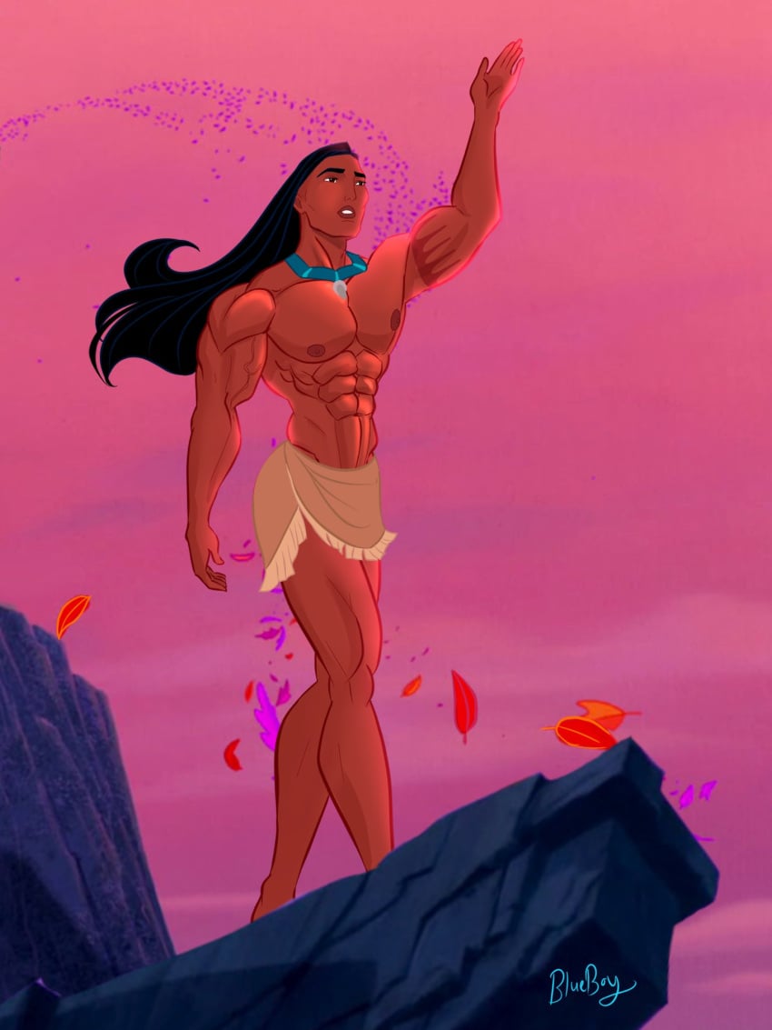 abs biceps blueboybara disney genderswap_(ftm) long_hair male male_only muscles muscular muscular_male nature outdoors outside pecs pocahontas pocahontas_(character) rule_63 shirtless_male tan-skinned_male tan_skin thick_thighs