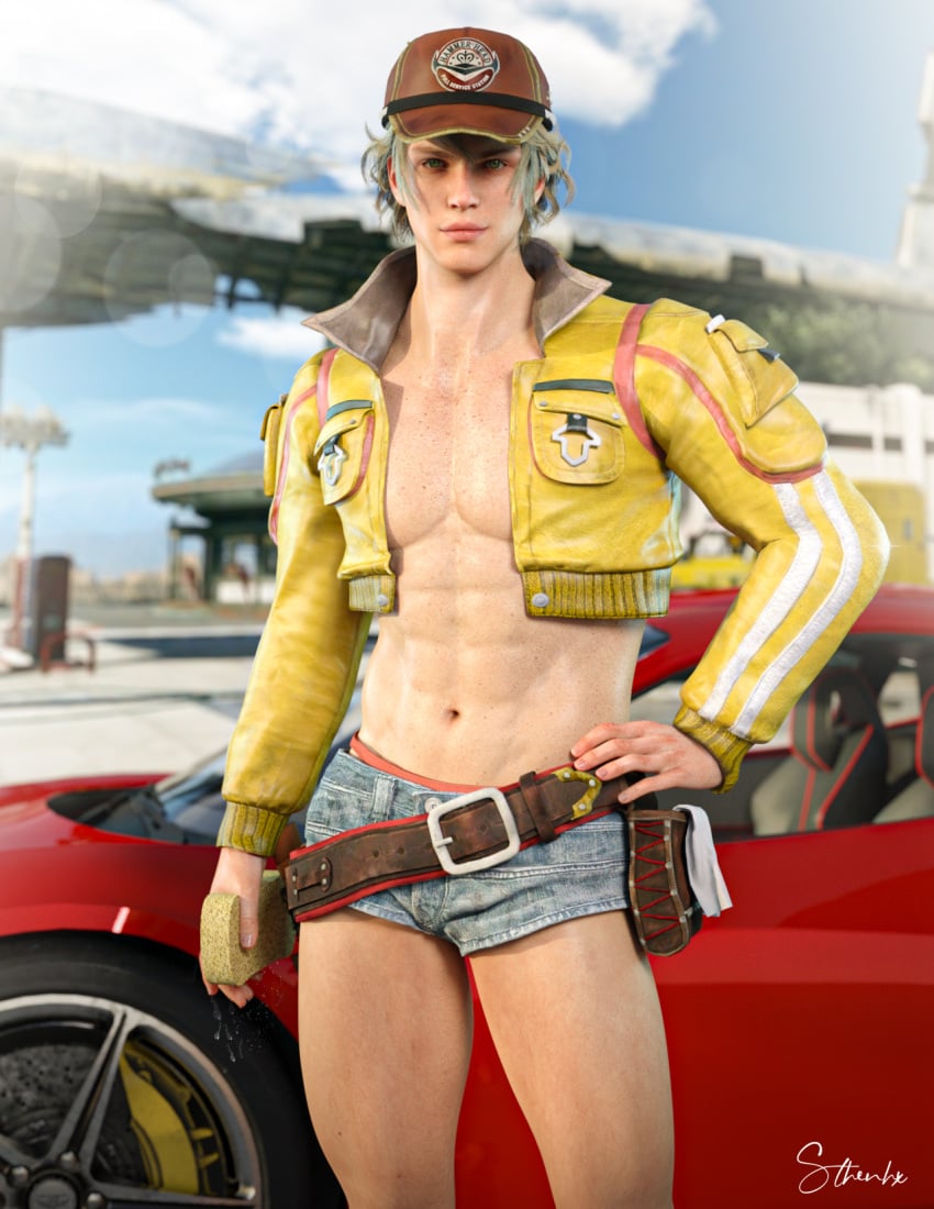 1boy 1human 1male 3d 3d_(artwork) 3d_model abs cap cindy_aurum final_fantasy final_fantasy_xv jacket_open male male_focus male_only muscular pecs rule_63 short_shorts solo solo_focus solo_male square_enix sthenhx yellow_hair