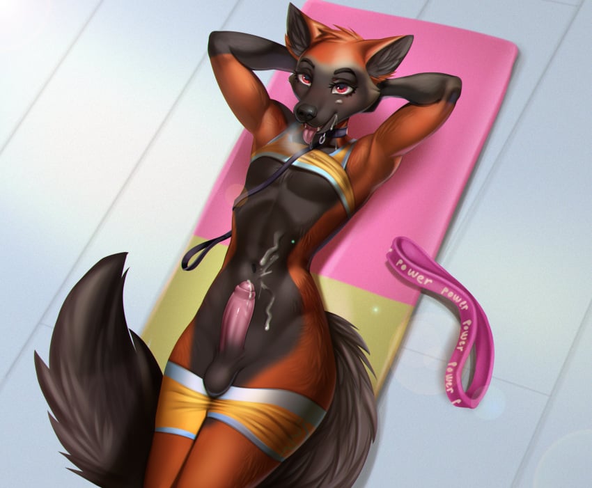 2021 anthro anutka balls biped black_collar black_nose bodily_fluids bottomwear bottomwear_down brown_body brown_fur canid canine cheek_tuft clothed clothing collar countershade_fur countershade_torso countershading cum cum_on_belly cum_on_body cum_on_face cum_on_self digital_media_(artwork) drooling erection eyebrows eyelashes facial_tuft foreskin fur genital_fluids genitals girly glans hands_behind_head hi_res humanoid_genitalia humanoid_penis leash leashed_collar lens_flare lying male mammal on_back orange_body orange_bottomwear orange_clothing orange_fur orange_shorts orange_topwear partially_clothed partially_retracted_foreskin penis pink_penis pink_tongue red_eyes saliva shaded shorts shorts_down solo solo_male tongue tongue_out topwear topwear_up tuft