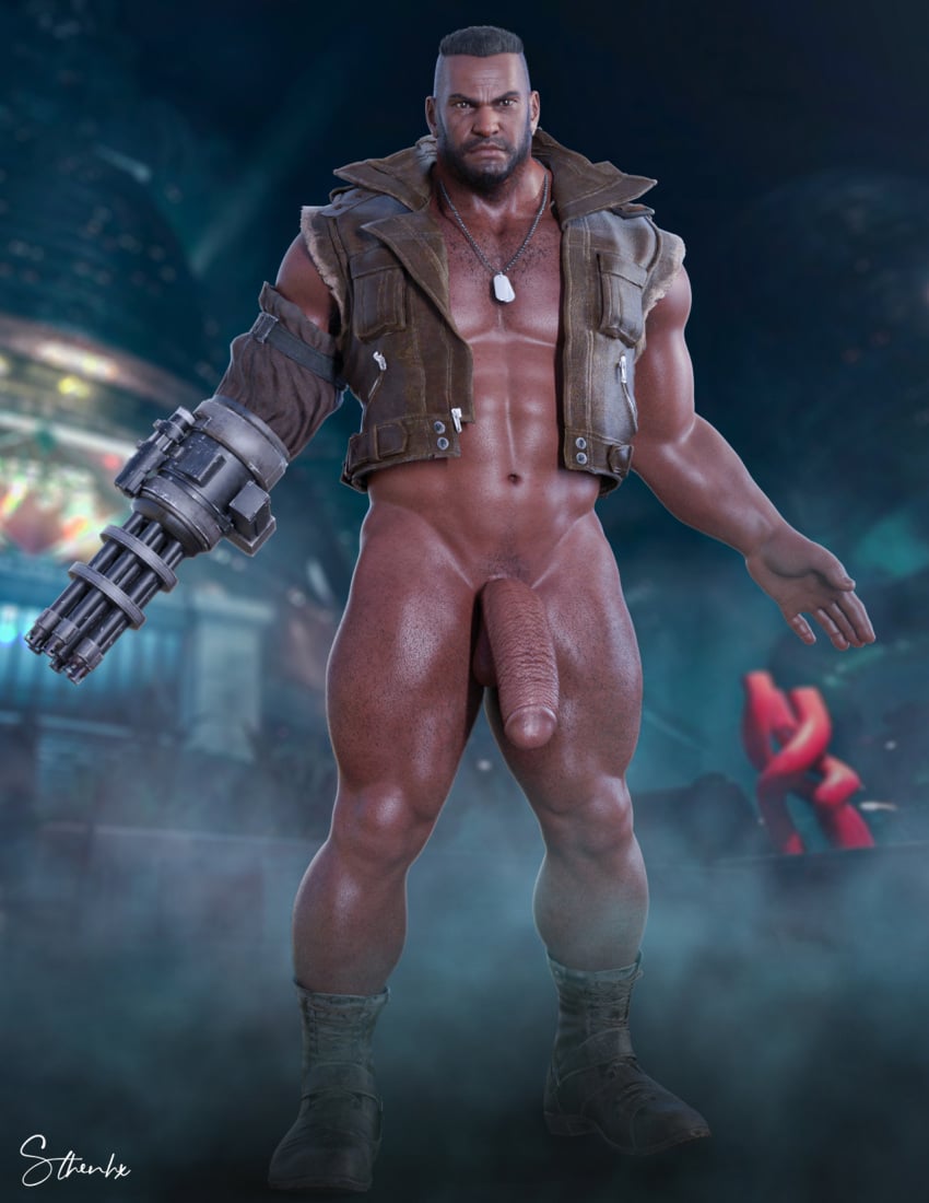 1boy 1human 1male 3d 3d_(artwork) 3d_model african african_male bara bara_tiddies bara_tits barret_wallace big_dick big_penis black_hair bottomless_male dark-skinned_male dark_skin final_fantasy final_fantasy_vii final_fantasy_vii_remake flaccid flaccid_cock flaccid_penis gun_arm huge_penis hung male male_only male_solo masculine masculine_male melanin muscular muscular_male muscular_thighs penis solo solo_focus solo_male square_enix sthenhx