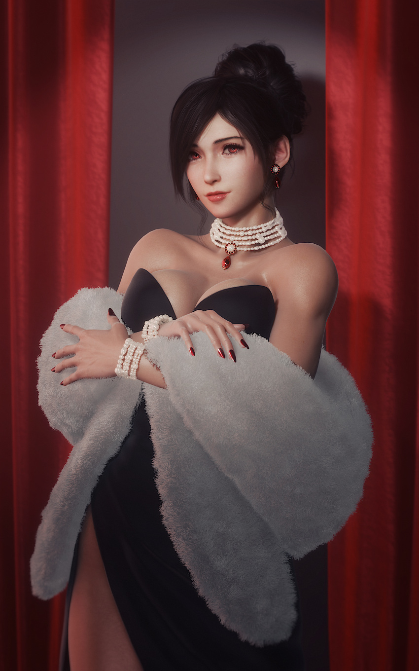 1girls 3d backless_dress black_dress black_hair blender bracelets breasts dress earrings female female_focus female_only final_fantasy final_fantasy_vii final_fantasy_vii_rebirth final_fantasy_vii_remake fur_scarf hair_bun highres jewelry large_breasts light-skinned_female looking_at_viewer necklace pearl_bracelet pearl_necklace red_eyes red_nails ria-neearts side_slit square_enix standing thigh_gap tied_hair tifa_lockhart