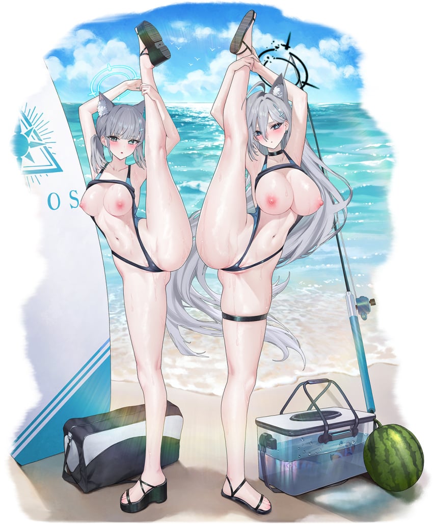 2d 2girls abydos_high_school_logo_(blue_archive) abydos_high_school_student ahoge animal_ear_fluff animal_ears aqua_eyes areola areolae armpits arms_up ass ass_visible_through_thighs bangs beach beach_background belly belly_button big_breasts black_choker blue_archive blush blushing_at_viewer breasts breasts_out breasts_out_of_clothes cameltoe choker collarbone earrings embarrassed feet female female_focus female_only grey_hair hair_over_one_eye halo hi_res highres huge_breasts kemonomimi large_breasts legs_up lichiko light-skinned_female light_skin long_hair looking_at_viewer medium_breasts medium_hair midriff multiple_girls navel nipples open_mouth shiroko_(blue_archive) shiroko_(swimsuit)_(blue_archive) shiroko_(terror)_(blue_archive) swimsuit thick_thighs thigh_strap thighs tied_hair very_long_hair wet wet_body wide_hips wolf_ears x_hair_ornament