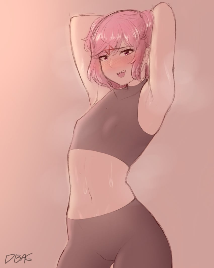 1female 1girls armpits arms_up artist_name bodily_fluids breasts dbagdraws doki_doki_literature_club female female_focus female_only fluffyearedfox girl hands_behind_head natsuki_(doki_doki_literature_club) navel no_text pink_eyes pink_hair solo solo_female solo_focus sweat textless