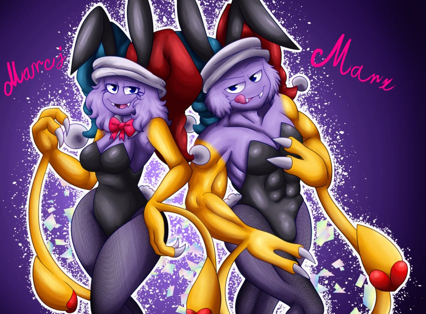 buff bulge bunnysuit claws clothed female genderswap_(mtf) humanoid hunk jester kirby_(series) licking_lips male marx playboy_bunny purple_hair purple_skin rule_63 thick_thighs yellow_arms yoshimister