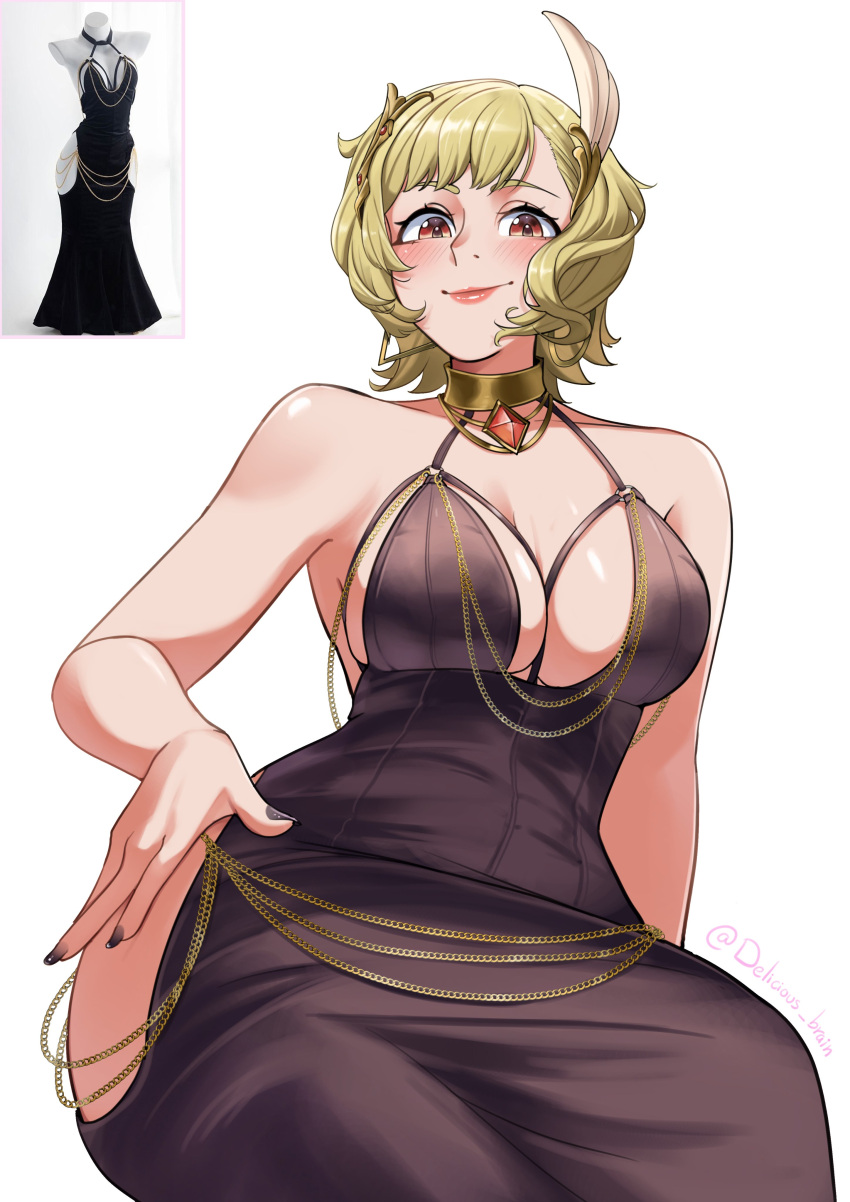 1girls absurdres alternate_costume black_dress blonde_hair breasts brown_dress citrinne_(fire_emblem) cleavage deliciousbra deliciousbrain dress earrings feather_hair_ornament feathers female female_only fire_emblem fire_emblem_engage gold_choker hair_ornament highres hoop_earrings jewelry large_breasts meme_attire mismatched_earrings modakawa_dress nintendo red_eyes solo wide_hips wing_hair_ornament