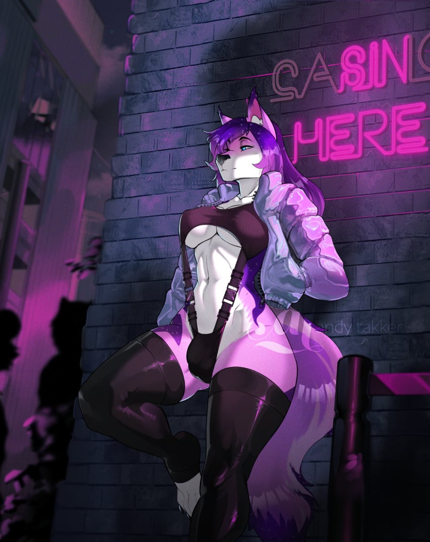 alley andytakker anthro breasts bulge canid canine canis city city_background city_night city_wall clothing fox gear gynomorph hand_in_jacket hand_in_jacket_pocket hand_in_pocket hi_res intersex leaning leaning_on_wall leather leather_clothing legwear mammal neon neon_lights night_city pockets public sarah_(d4xt3r) solo stockings thick_thighs thigh_highs under_boob waiting