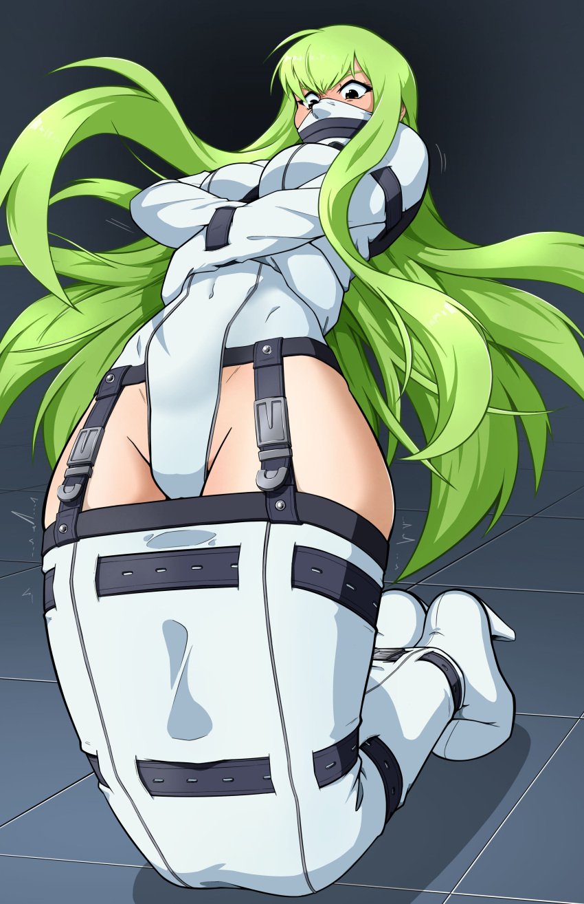 alternate_costume bondage bondage c.c. code_geass exposed_ass femsub gag gagged green_hair heel_boots legbinder long_hair shio-bari straitjacket