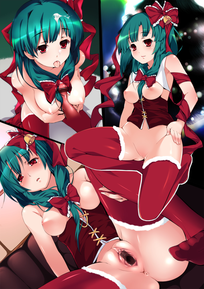 bottomless breasts censored christmas cofepig corset cum female green_hair highres kagiyama_hina male no_bra no_panties paizuri pussy straight thighhighs touhou