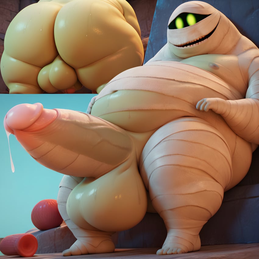 ai_generated ass back_view barefoot belly big_ass big_belly big_butt big_penis bubble_ass bubble_butt chubby chubby_belly chubby_male cum dripping_cum egyptian_mythology fat_ass fat_belly fat_butt fat_man green_ass green_body green_butt green_eyes hand_on_belly hotel_transylvania huge_ass huge_belly huge_butt huge_cock huge_thighs male male_only matronai_(artist) moobs mummy mummy_wrappings murray_the_mummy nipples penis sitting sitting_down smile solo_male sony_interactive_entertainment stable_diffusion sweat sweaty_body sweaty_butt teeth teeth_showing undead veiny_penis wrappings wraps