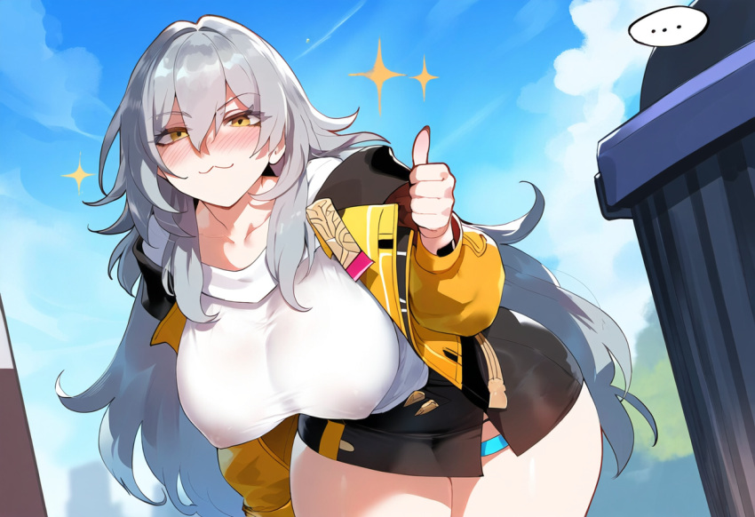 ai_generated hanging_breasts henrik_n honkai:_star_rail huge_breasts leaning_forward looking_at_viewer massive_breasts nipple_bulge nipples_visible_through_clothing novelai skirt stelle_(honkai:_star_rail) thiccwithaq_(ai_style) thick_thighs