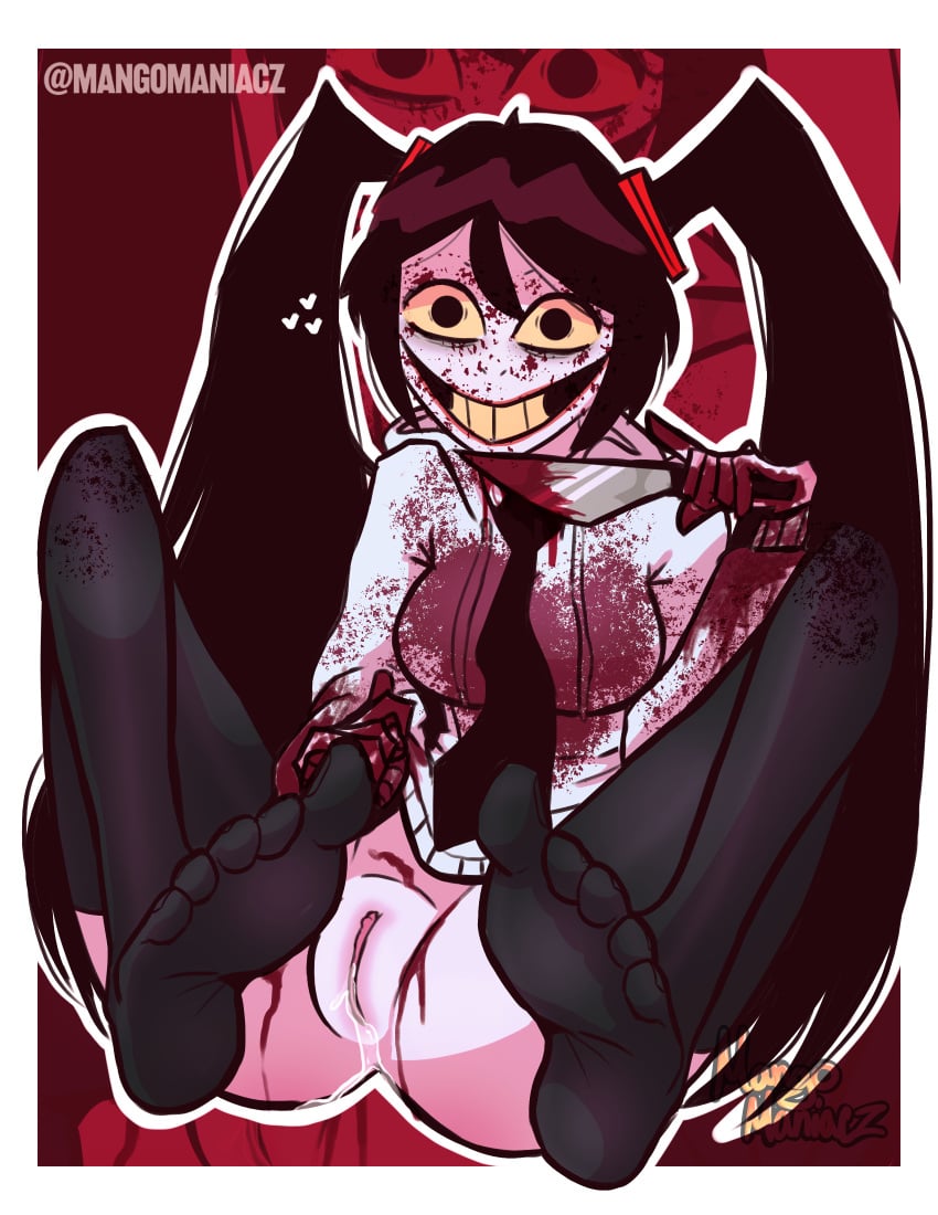 aged_up black_hair black_stockings blood blood_on_face bloody_clothes bloody_knife crazy_eyes crazy_smile creepypasta dripping dripping_pussy dripping_wet feet feet_focus feet_up female female_only flashing flashing_pussy hatsune_miku horror jeff_the_killer knife leaking_pussy long_hair mangomaniacz meme miku_the_killer pale_skin pin_up pink_pussy pussy_juice pussy_juice_drip pussy_juice_trail smile stockings sweatshirt tie tied_hair trend twintails vocaloid yellow yellow_teeth