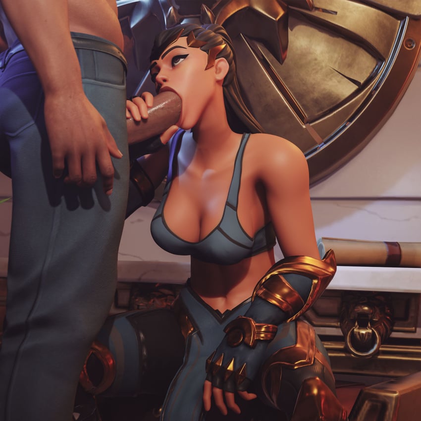 1boy 1girls 3d 3d_(artwork) big_breasts blowjob fortnite macklesternsfw odyssey_(fortnite) sports_bra