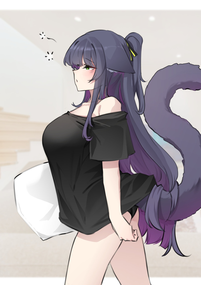 1girls animal_ears animal_tail arknights cat_ears cat_tail catgirl female female_focus female_only green_eyes huge_breasts jessica_(arknights) jessica_the_liberated_(arknights) k0ng lifting_shirt light-skinned_female light_skin long_hair ponytail purple_hair sadcat_(arknights) sleepy tagme tired tired_eyes