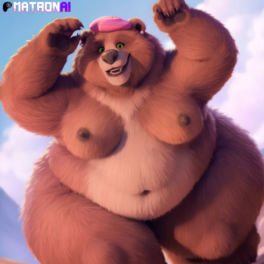 1girls 2024 5_fingers ai_generated anthro areola areolae bbw bear belly beret big_belly black_nose blue_sky breasts brown_body brown_fur claws clothing day daytime dreamworks ear_piercing ear_ring earrings female female_only finger_claws fingers fluffy fur fur_tuft furry green_eyes hat huge_belly looking_at_viewer mama_bear matronai_(artist) mature mature_female mature_woman milf navel nipples open_mouth open_smile outside overweight overweight_female pawpads piercing pink_beret pink_clothing pink_hat puss_in_boots_(dreamworks) puss_in_boots_(film) puss_in_boots_the_last_wish shrek_(series) sky smile smiling smiling_at_viewer solo solo_female stable_diffusion teeth thick_thighs url