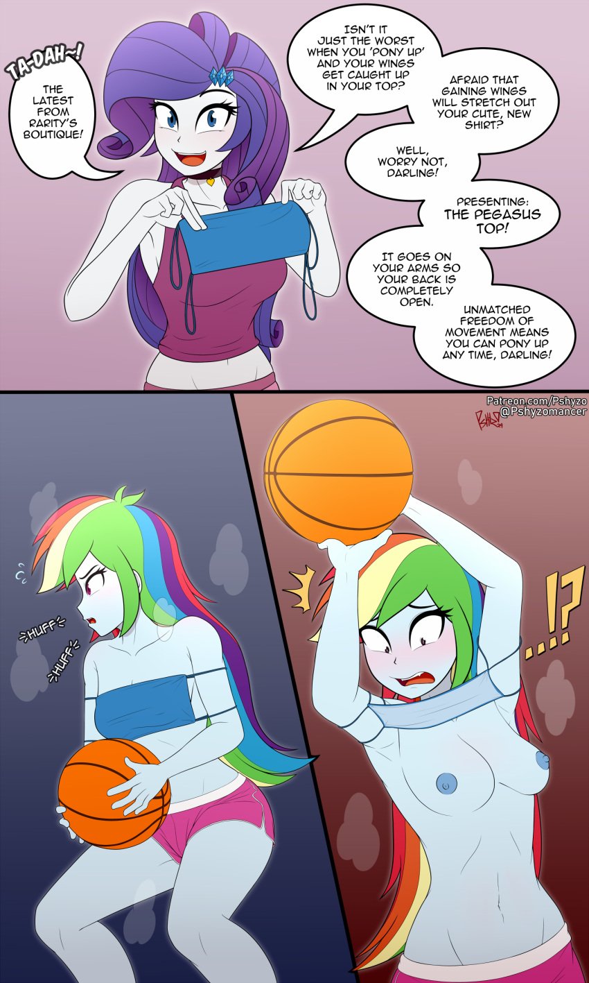 2girls accidental_exposure areolae armpits basketball blue_body blue_eyes blue_skin boobs breasts comic dialogue embarrassed embarrassing_outfit english_text equestria_girls exposed_breasts female friendship_is_magic hasbro human human_only humanized multiple_females multiple_girls my_little_pony nipples patreon patreon_url pixiv prank precarious_clothing pshyzo purple_hair rainbow_dash_(eg) rainbow_dash_(mlp) rainbow_hair rarity_(eg) rarity_(mlp) shorts speech_bubble text tits wardrobe_malfunction white_body white_skin