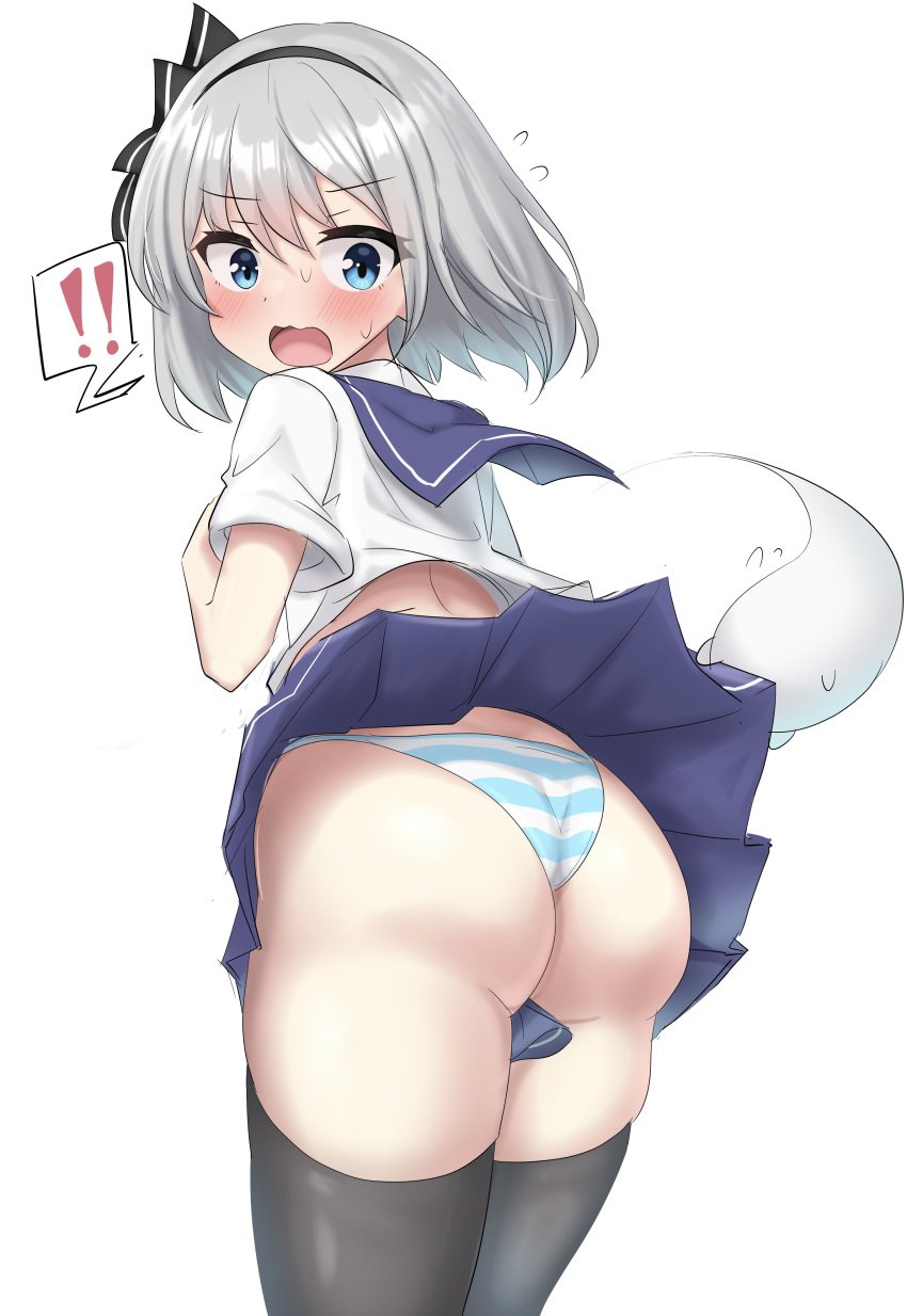 ! !! absurdres alternate_costume ass black_hairband black_thighhighs blue_sailor_collar blue_skirt blush commentary_request cowboy_shot embarrassed female flying_sweatdrops from_behind grey_hair hairband highres konpaku_youmu konpaku_youmu_(ghost) looking_at_viewer looking_back miniskirt open_mouth panties pantyshot pleated_skirt sailor_collar school_uniform serafuku shirt short_hair skirt solo spoken_exclamation_mark striped_clothes striped_panties surprised sweatdrop thighhighs touhou underwear v-shaped_eyebrows wavy_mouth wedgie white_shirt wind wind_lift youmu-kun youmu_konpaku youmu_konpaku_(ghost)