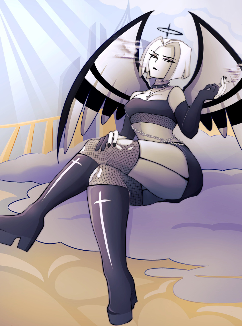 1girls angel angel_girl angel_wings bemused black_halo boots clothed female female_only fully_clothed gloves goth halo hazbin_hotel looking_at_viewer lute_(hazbin_hotel) sfw sitting solo solo_female solo_focus thick_thighs thighs twitter veeepawoon vivienne_medrano wings