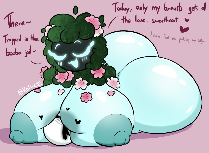 1boy1girl bushes dialogue flowers heart hi_res kefiregg massive_breasts massive_thighs monster_girl nebula_(kefiregg) person_between_breasts size_difference tagme transparent_body vortex_(kefiregg)