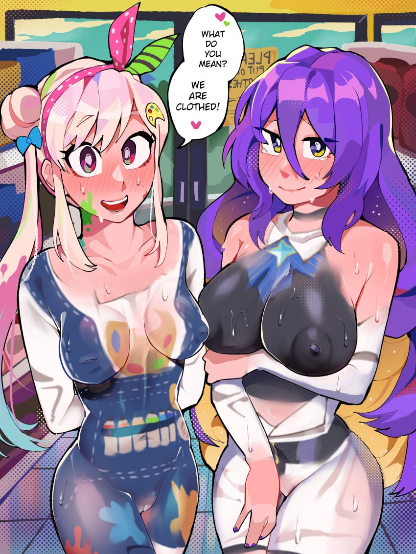 2girls absurdres airani_iofifteen arm_under_breasts arms_behind_back blonde_hair blush bodypaint bow bow_hairband breasts collared_shirt colored_inner_hair diforland english_text female gradient_eyes green_bow haha hair_ornament hair_ribbon hairband highres hololive hololive_indonesia hololive_indonesia_area_15 indoors large_breasts light_blue_hair long_hair looking_at_viewer moona_hoshinova multicolored_eyes multicolored_hair multiple_girls nervous nervous_smile one_side_up open_mouth paint_splatter paint_splatter_on_face painted_clothes pink_bow pink_hair public public_indecency public_nudity purple_eyes purple_hair pussy red_eyes ribbon shirt shop side_ponytail side_up_bun smile speech_bubble sweat swept_bangs teeth two-tone_hair two-tone_hairband upper_teeth_only virtual_youtuber yellow_eyes