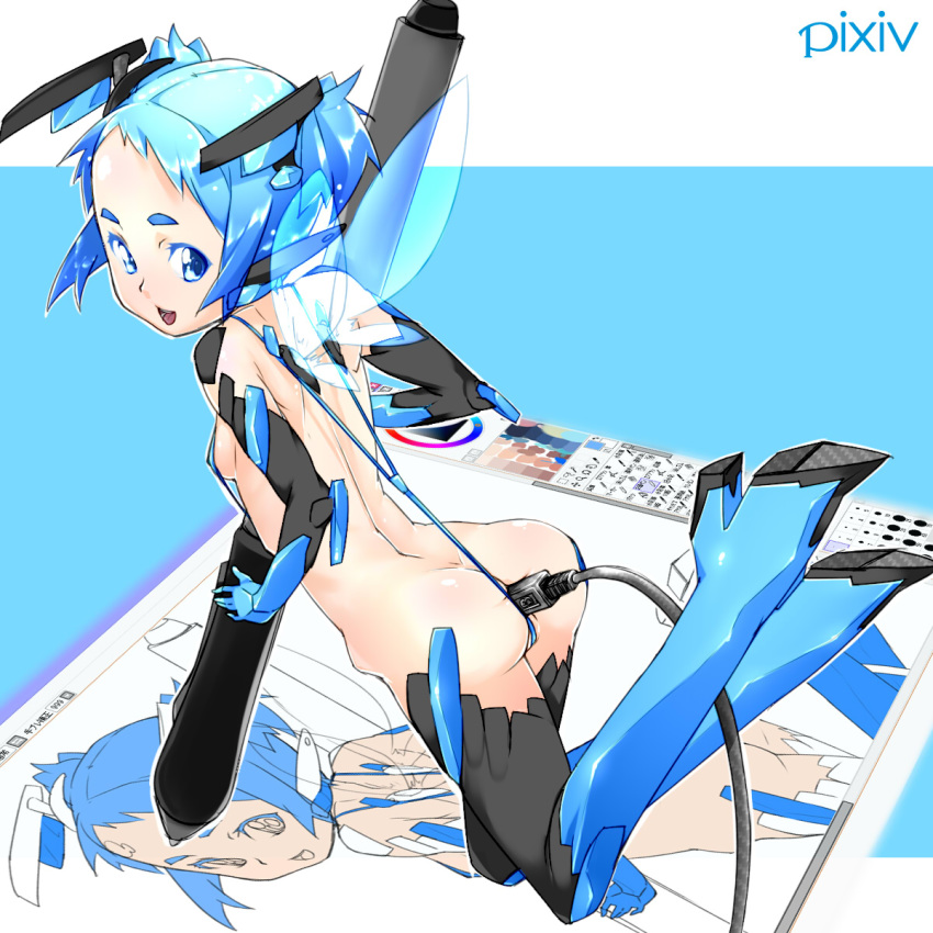 ass back blue_eyes blue_hair breasts buttplug cable elbow_gloves flat_chest gloves highres insertion looking_back oshiruko_(artist) oshiruko_(shiruko) pen pixiv pixiv-tan robot_ears short_hair sideboob site-tan sling_bikini sling_bikini_aside stylus swimsuit thighhighs usb wacom wings