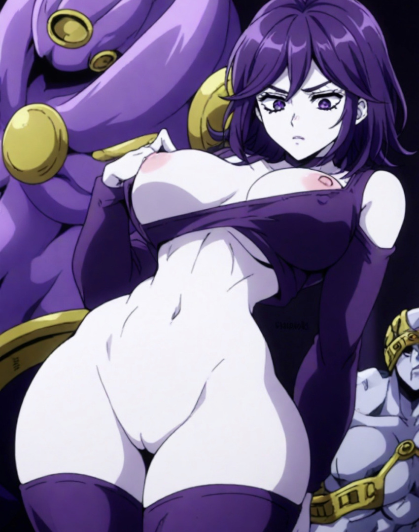 ai_generated breasts cameltoe jojo's_bizarre_adventure jojo_reference purple_hair purple_skin pussy