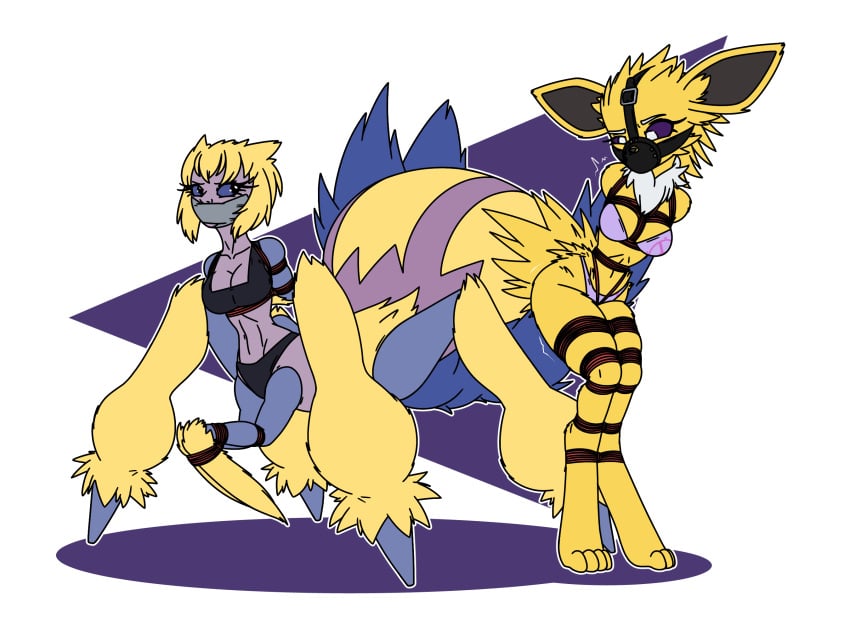 2girls anthro anthro_only bondage bra crotch_rope drider female galvantula jolteon legs_tied legs_together muzzle_gag muzzled panties pokémon_(species) pokemon raver1357 rope rope_bondage tape tape_gag underwear