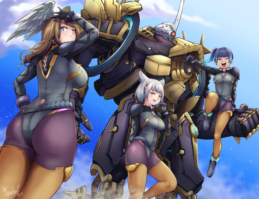 3girls absurd_res artist_signature ass big_breasts blue_eyes blue_hair blue_sky bodysuit braid breasts brown_eyes brown_hair bubble_ass bubble_butt cat_ears catgirl cloud dated eunie_(xenoblade) female female_only fiery_hair highres hourglass_figure huge_breasts large_breasts leaning leaning_back long_hair looking_at_viewer machine massive_pink medium_breasts mio_(xenoblade) nintendo outdoors ponytail ravenhart segiri_(xenoblade)_(cosplay) sena_(xenoblade) short_hair side_ponytail silver_hair skin_tight skin_tight_suit skintight skintight_suit sky smile smirk stars thick_ass thick_thighs thighhighs thighs two_tone_hair voluptuous wink xenoblade_(series) xenoblade_chronicles_3 yellow_eyes yellow_thighhighs