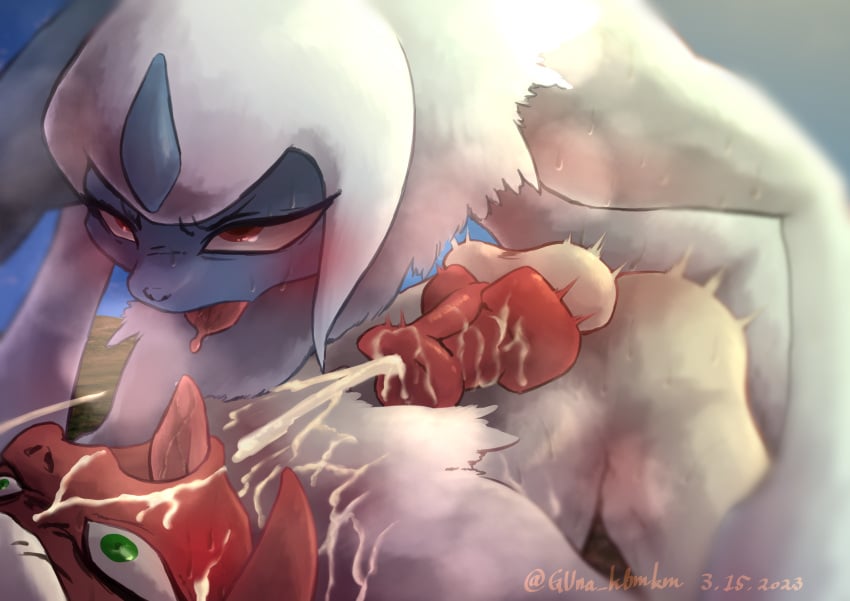 absol absurd_res anal anal_orgasm anal_sex balls bodily_fluids cum cum_on_face cum_while_penetrated duo ejaculation feral feral_only generation_3_pokemon genital_fluids genitals hands-free hi_res knot male male/male male_penetrated male_penetrating male_penetrating_male nintendo outside penetration penis pokemon pokemon_(species) red_penis sex sousaku_san sweat