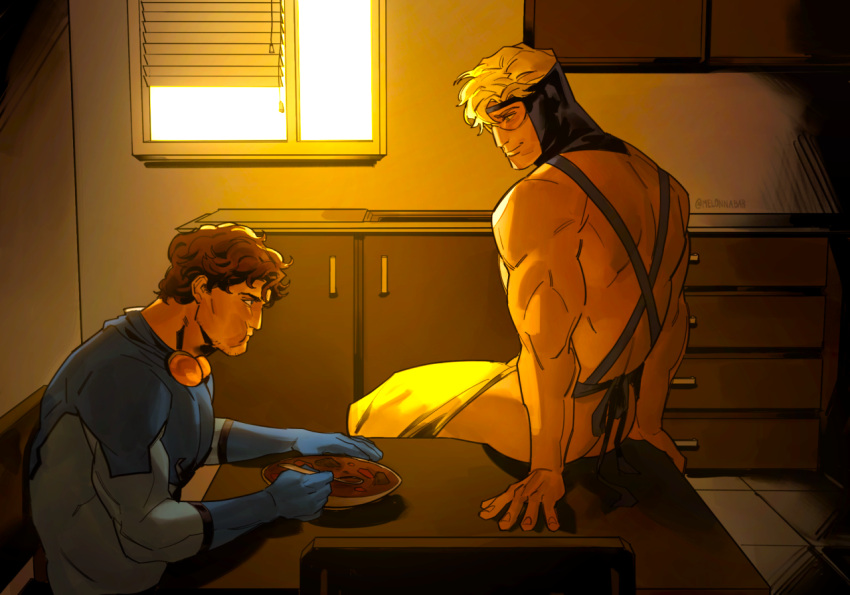 2boys apron_only ass blonde_hair blue_beetle booster_gold dc_comics kitchen male_only melonnabab michael_carter muscular muscular_male seductive_look sitting ted_kord