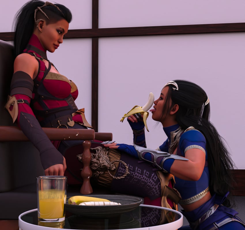 2girls 3d banana between_legs bisexual bisexual_female black_hair clone edenian empress female female_only fingerless_gloves implied_oral kitana kitana_(new_era) kiteena licking long_hair mileena mileena_(new_era) mortal_kombat mortal_kombat_1_(2023) on_knees princess rayalterego23 royalty sisters suggestive suggestive_look twincest twins yuri